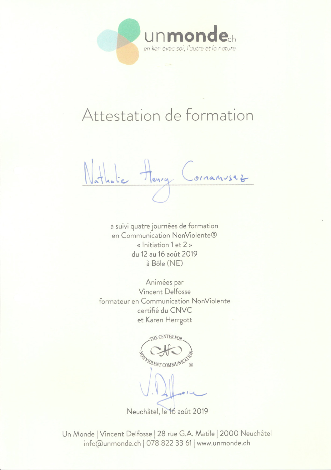 Cabinet La Jonquille attestation CNV