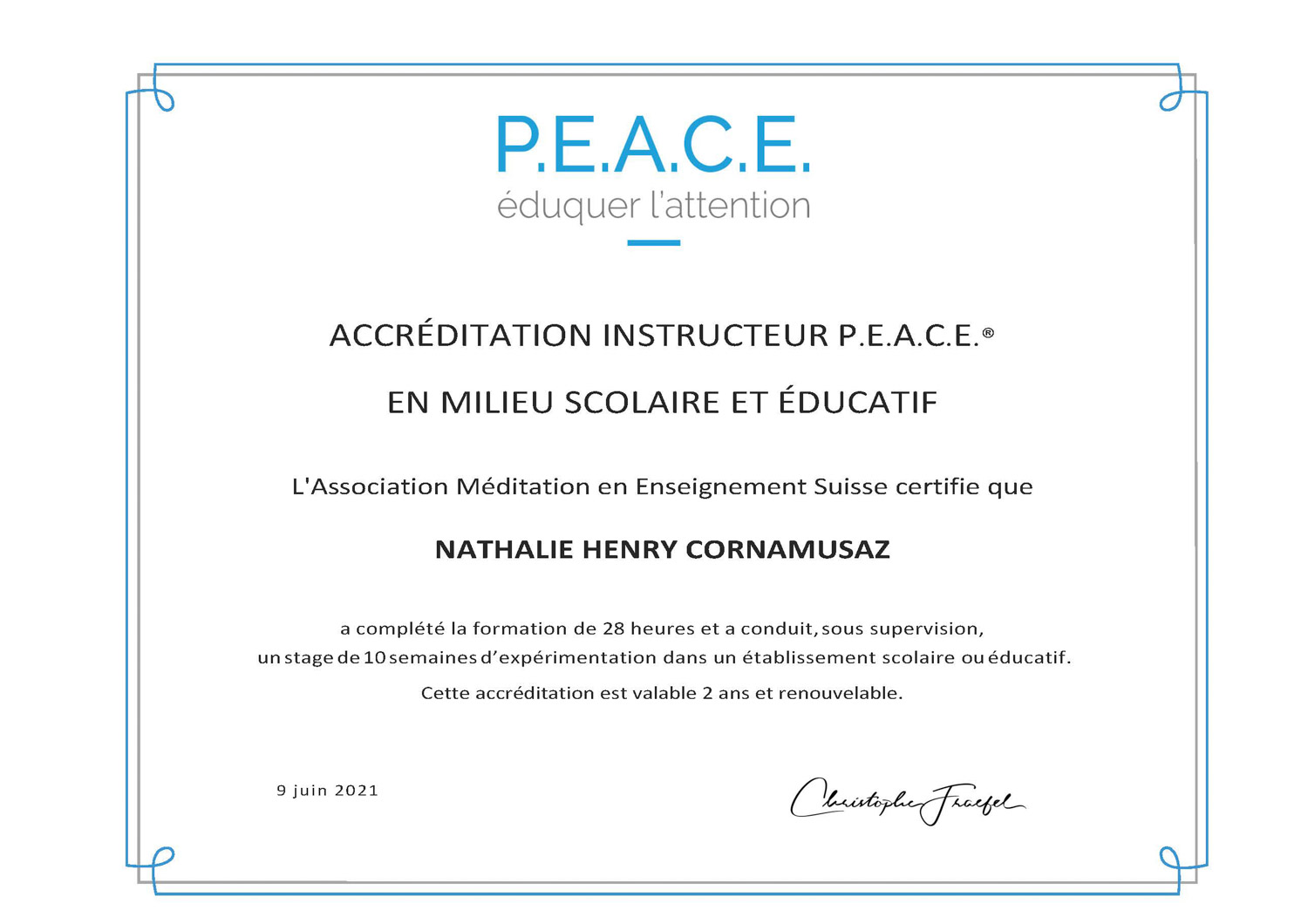 Certificat accréditation PEACE Nathalie Henry